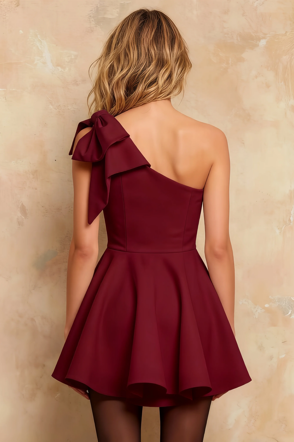 Elizabeth Burgundy One Shoulder Mini Dress With Bow