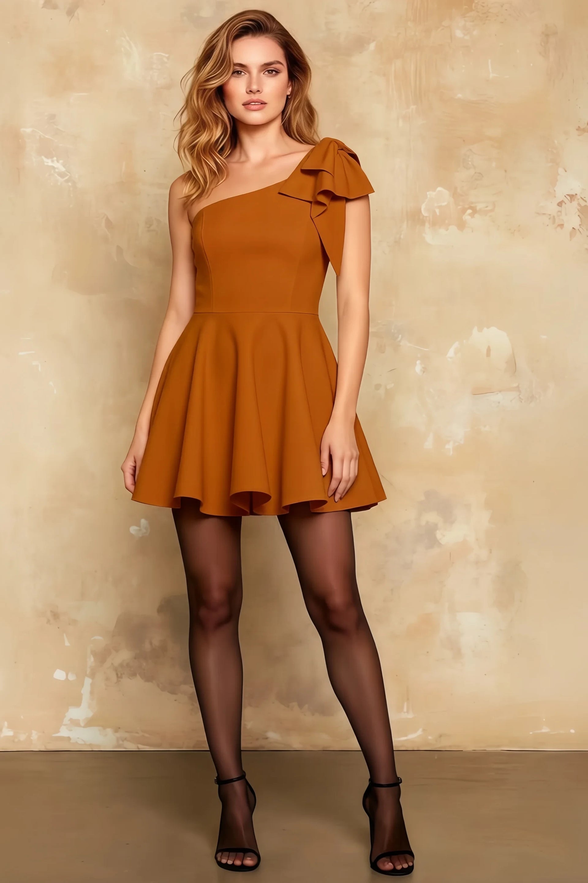 Elizabeth Burnt Orange Asymmetric Neck Mini Dress With Bow