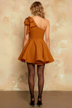 Elizabeth Burnt Orange Asymmetric Neck Mini Dress With Bow
