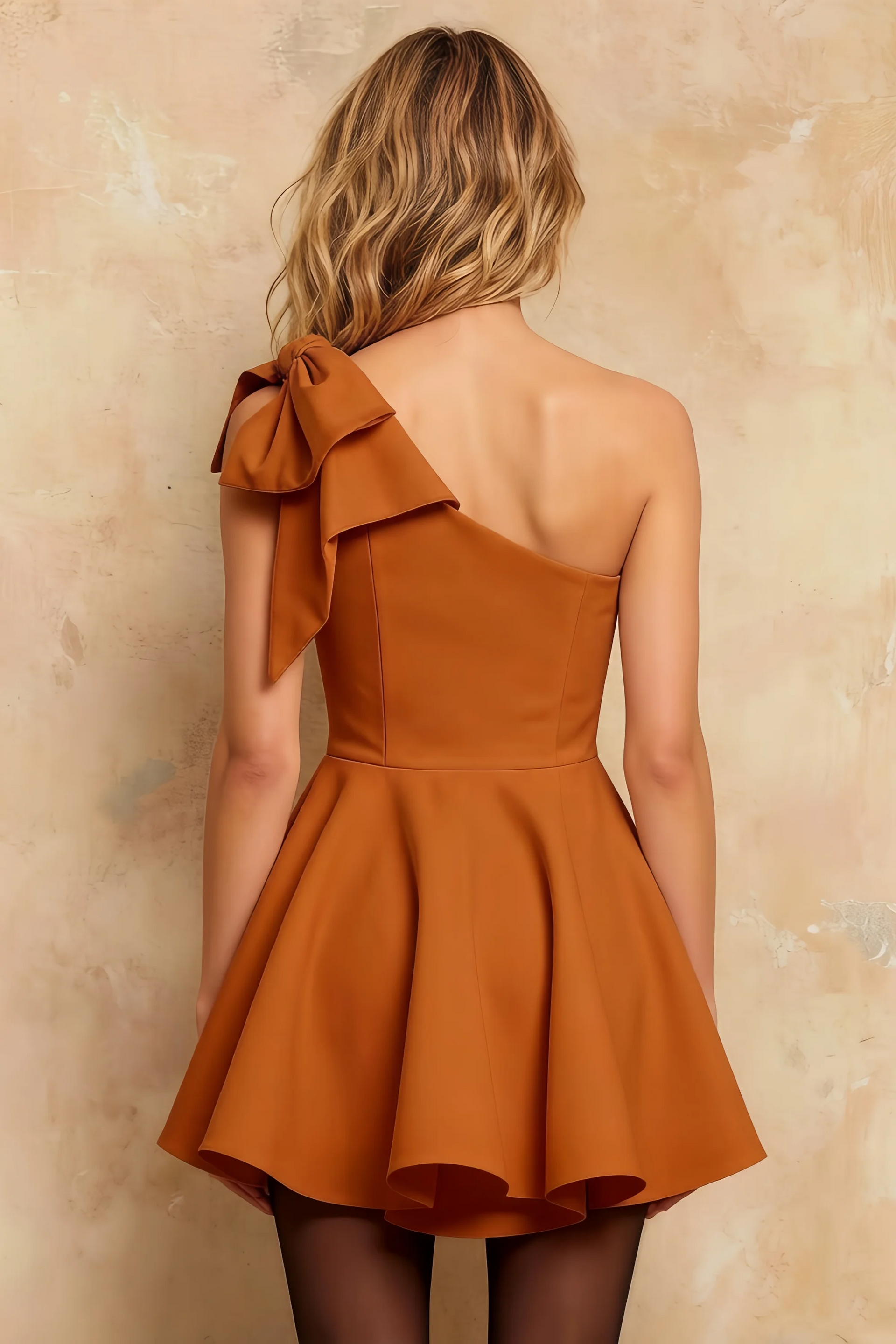 Minivestido con cuello asimétrico y lazo Elizabeth naranja quemado