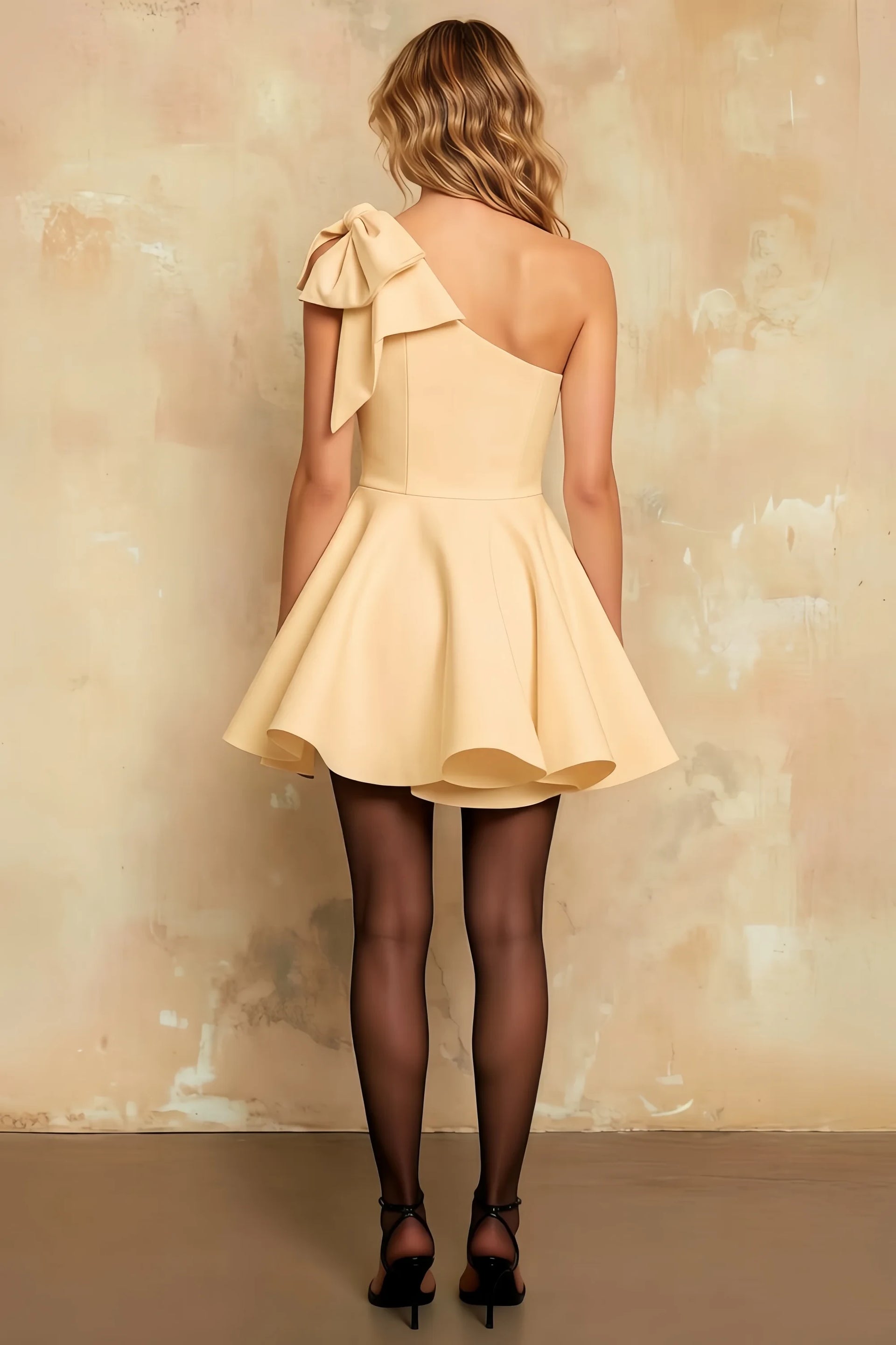 Elizabeth Champagne A Line Asymmetric Neck Mini Dress | Bow Sleeve Cocktail Dress for Women