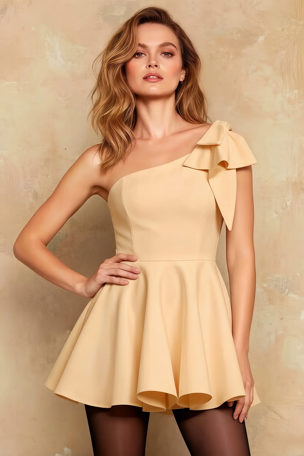 Elizabeth Champagne A Line Asymmetric Neck Mini Dress | Bow Sleeve Cocktail Dress for Women