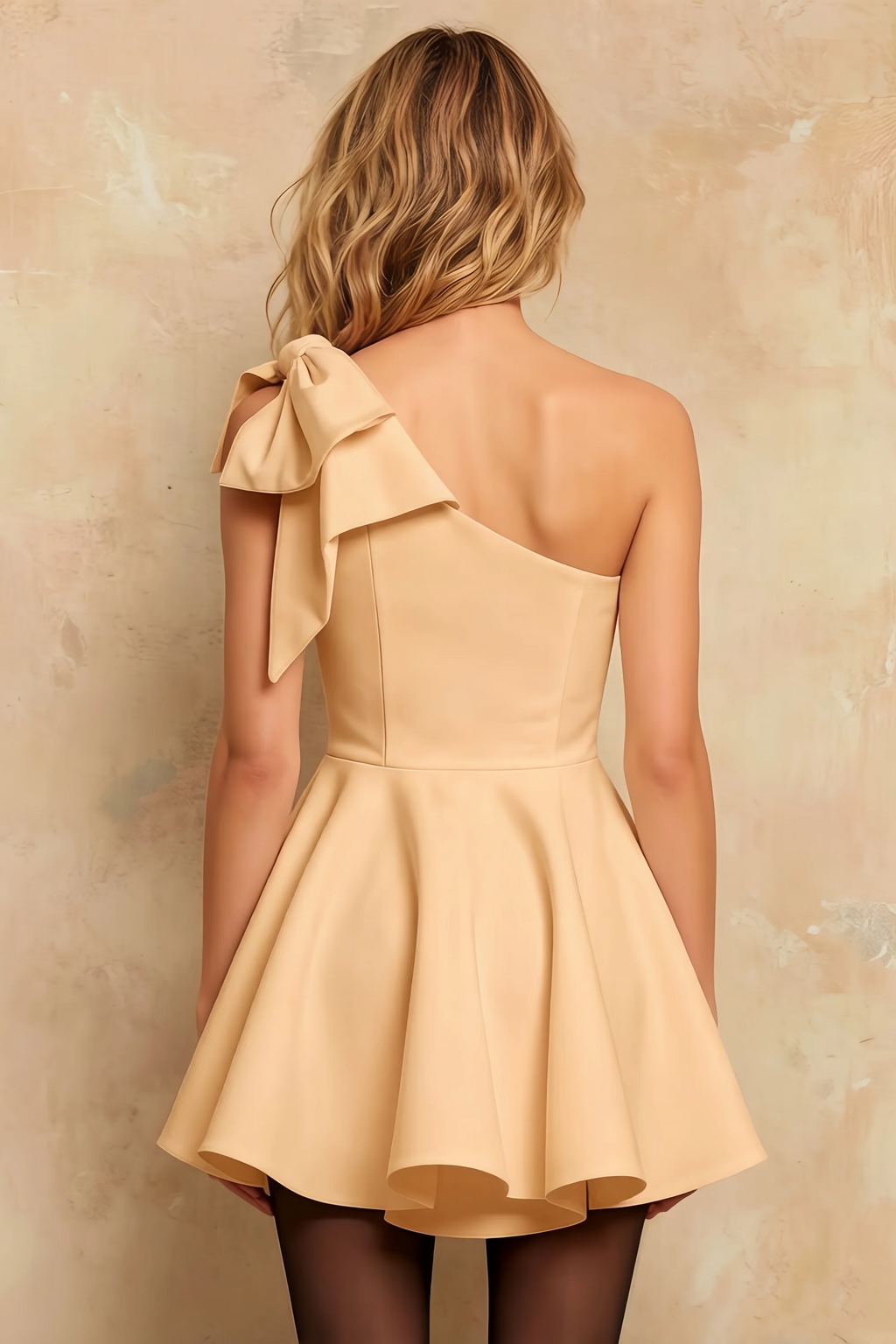 Elizabeth Champagne A Line Asymmetric Neck Mini Dress | Bow Sleeve Cocktail Dress for Women