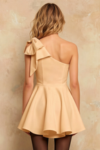 Elizabeth Champagne A Line Asymmetric Neck Mini Dress | Bow Sleeve Cocktail Dress for Women