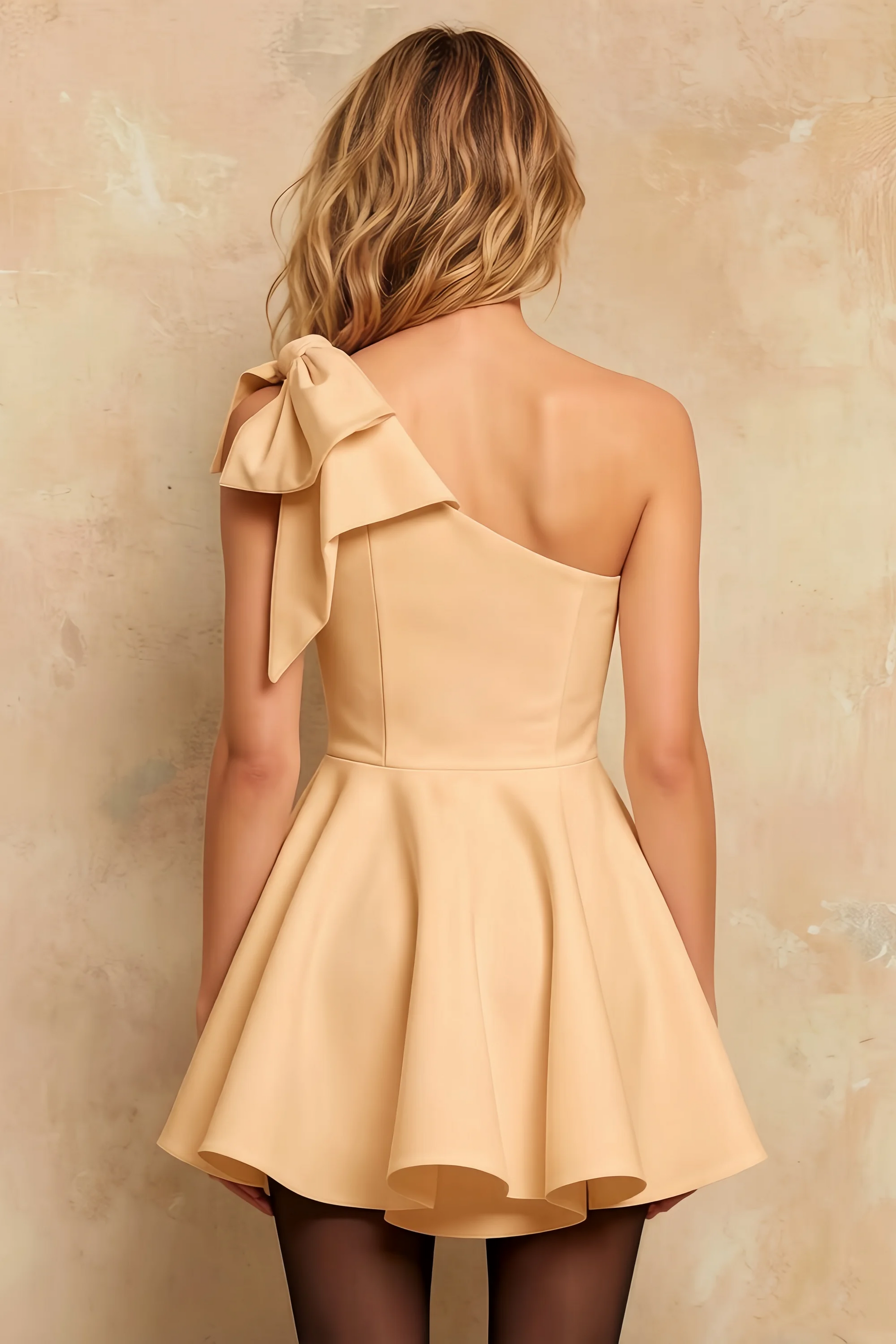 Elizabeth Champagne A Line Asymmetric Neck Mini Dress | Bow Sleeve Cocktail Dress for Women