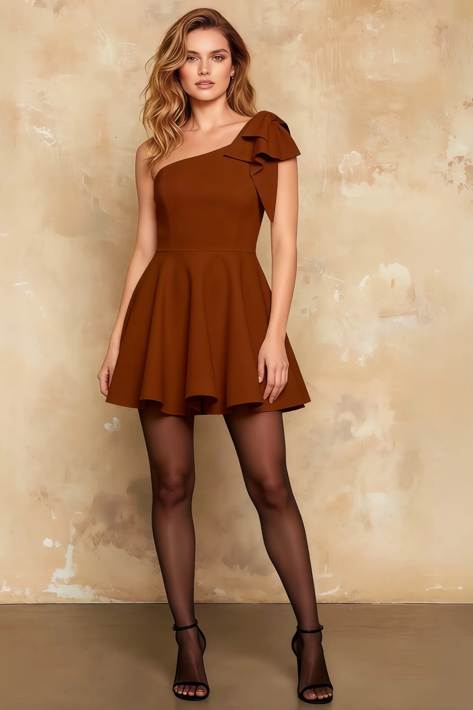 Elizabeth Chocolate One Shoulder Bow Mini Dress Main image
