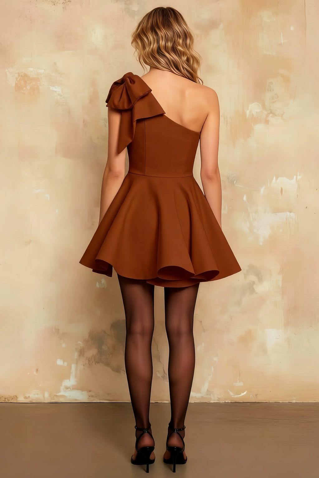 Elizabeth Chocolate One Shoulder Bow Mini Dress