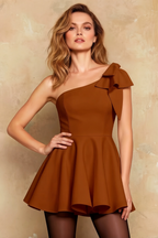 Elizabeth Chocolate One Shoulder Bow Mini Dress