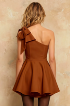 Elizabeth Chocolate One Shoulder Bow Mini Dress