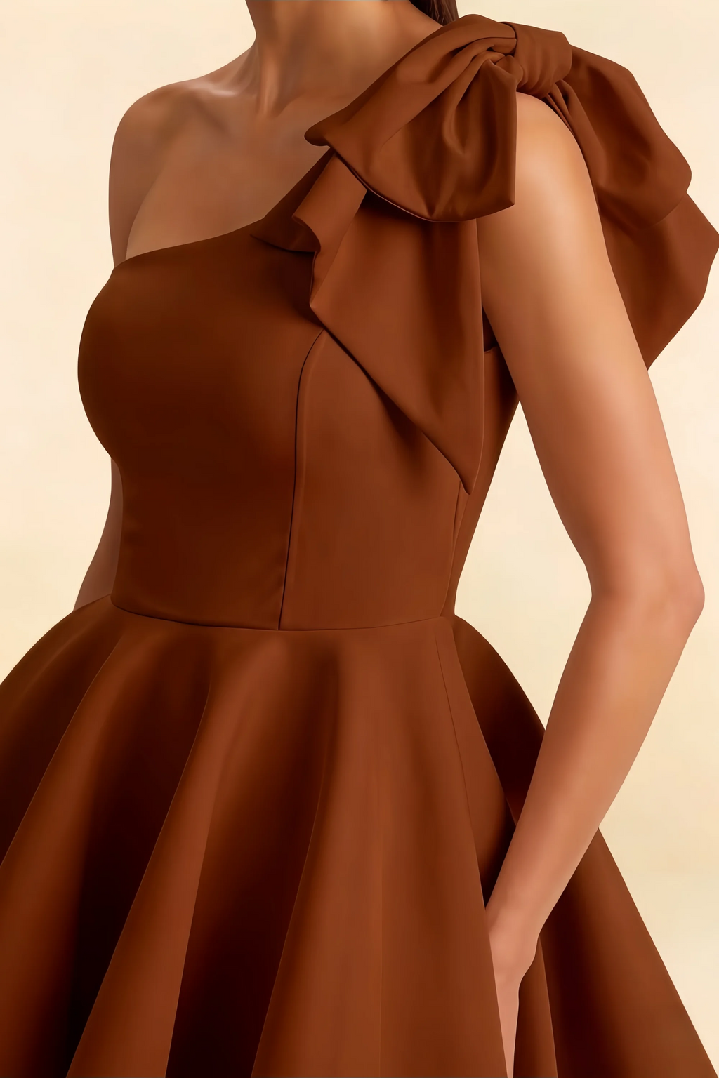 Elizabeth Chocolate One Shoulder Bow Mini Dress