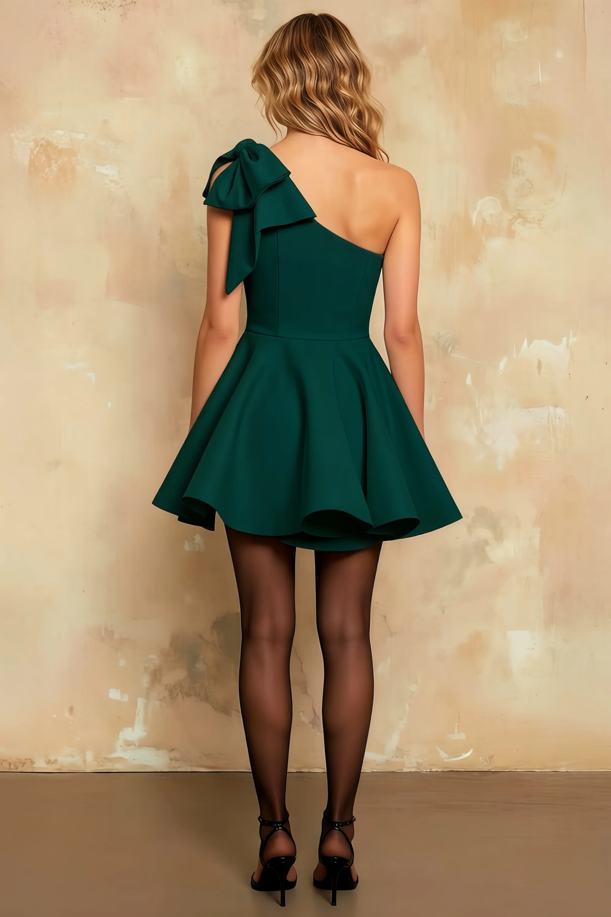 Elizabeth Emerald Green Bow Mini Dress One Shoulder Secondary image