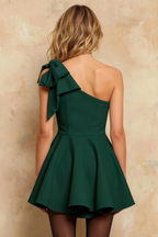 Elizabeth Emerald Green Bow Mini Dress One Shoulder