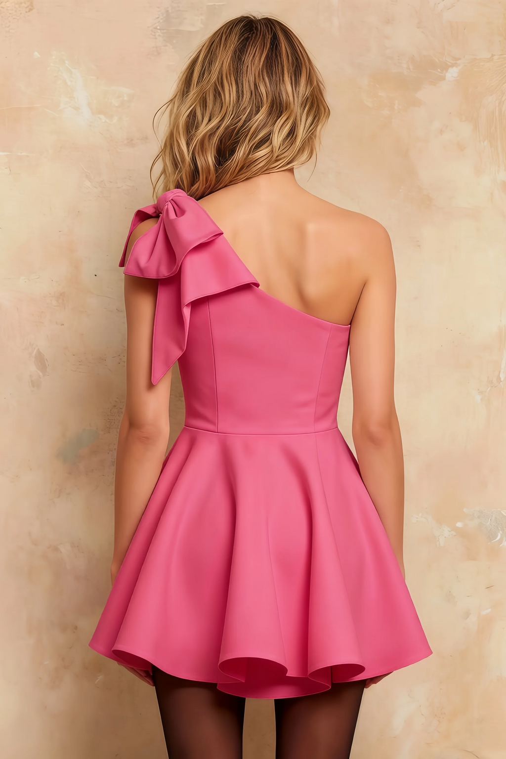 Elizabeth Hot Pink Asymmetric Mini Dress With Bow
