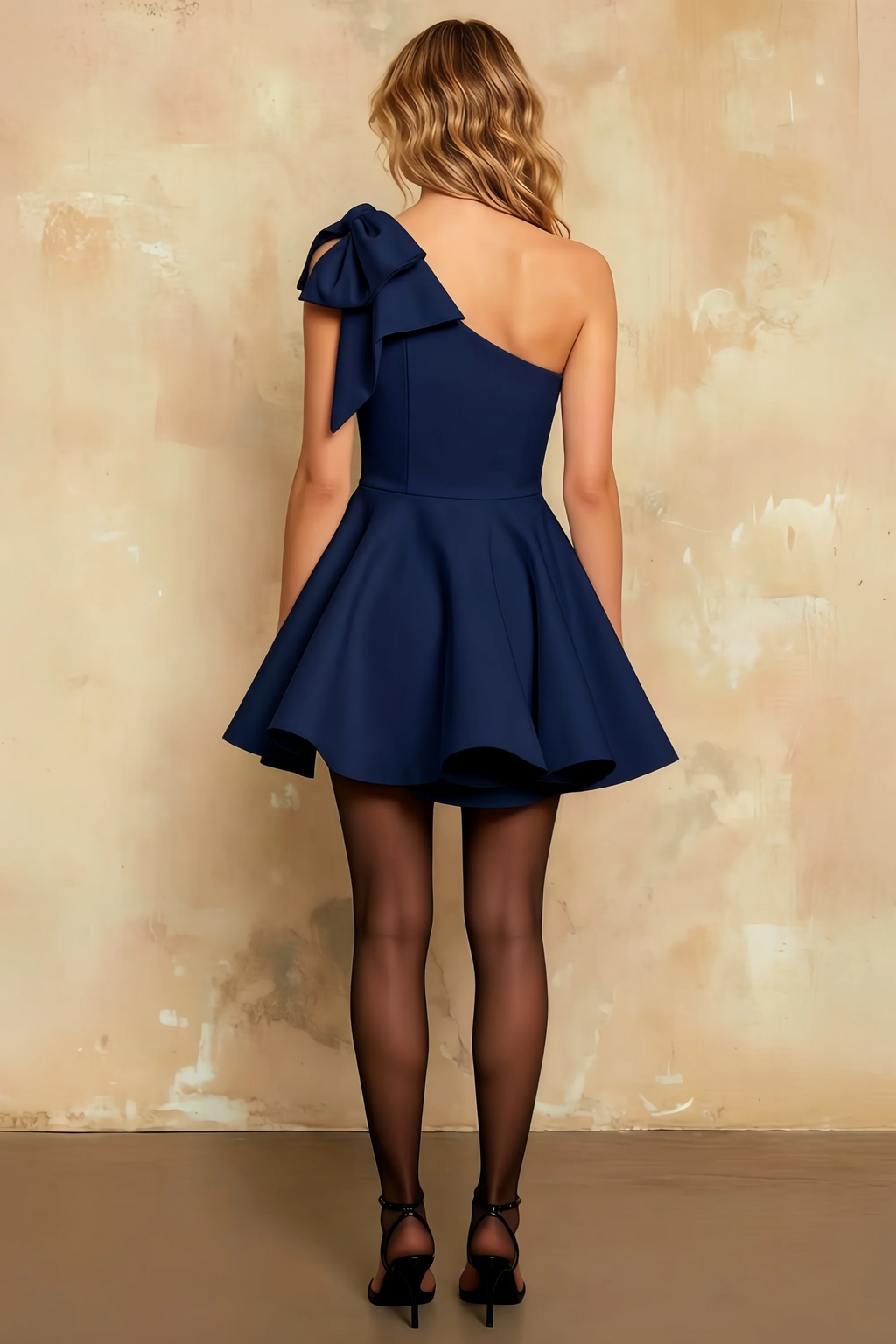 Elizabeth Navy One Shoulder Mini Skater Dress