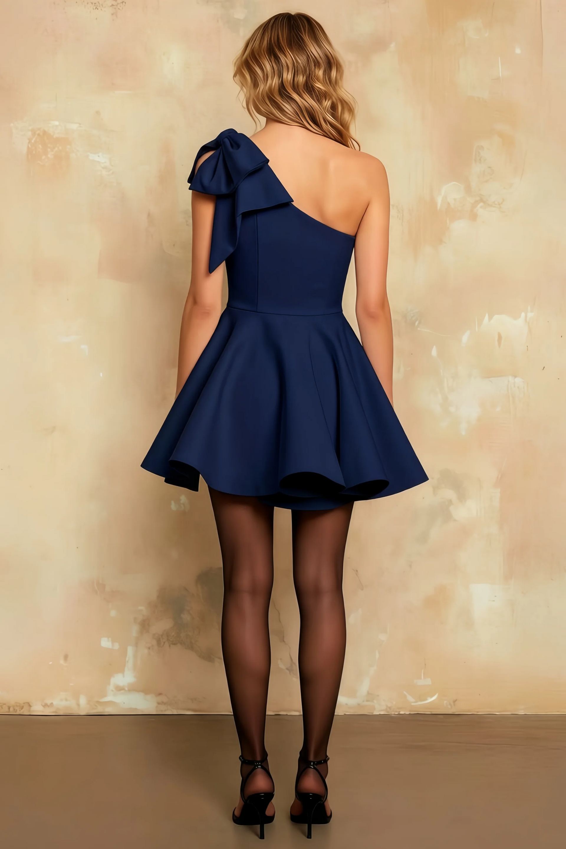 Elizabeth Navy One Shoulder Mini Skater Dress