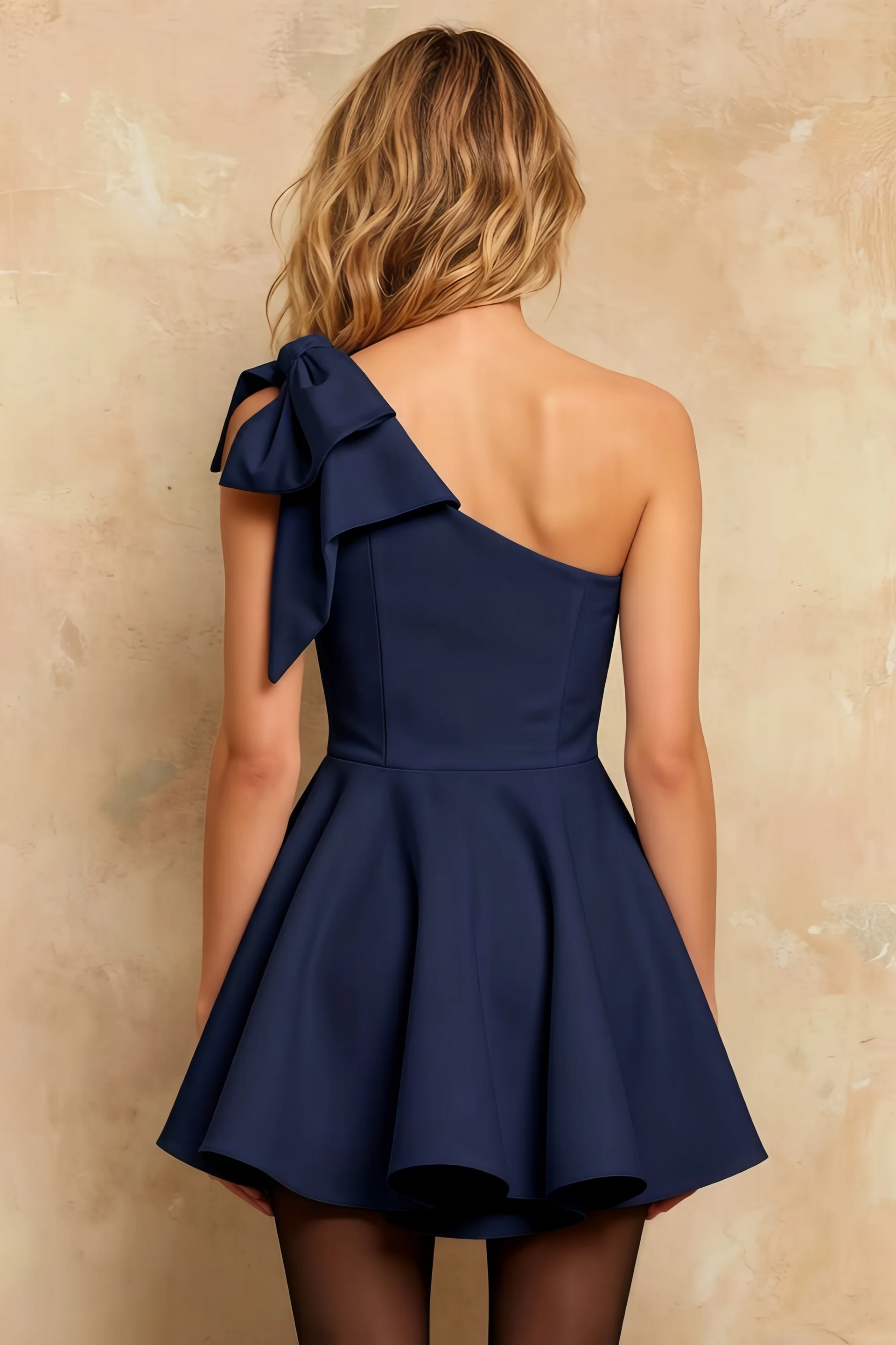 Elizabeth Navy One Shoulder Mini Skater Dress
