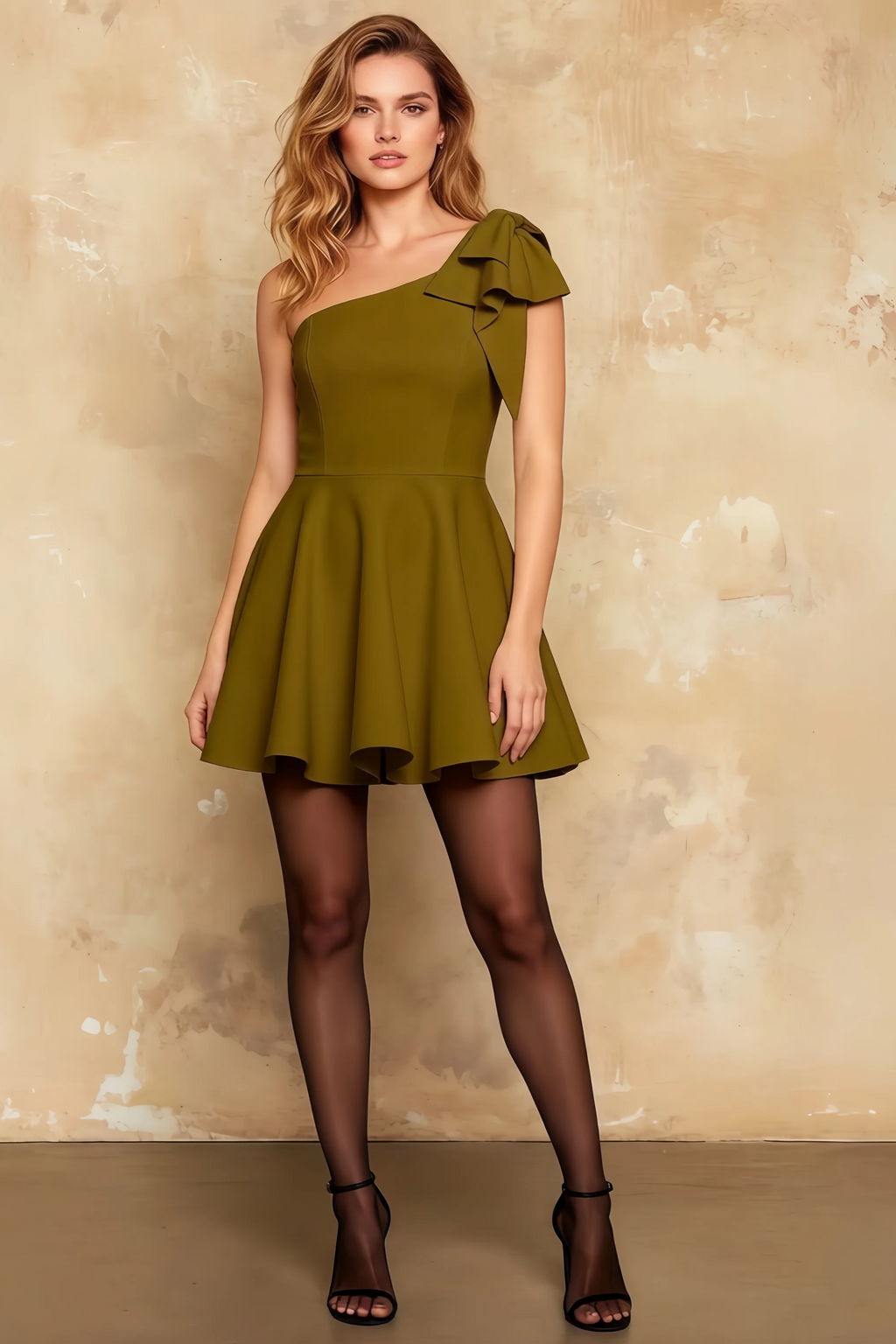 Minivestido skater Elizabeth Olive con un solo hombro y línea A