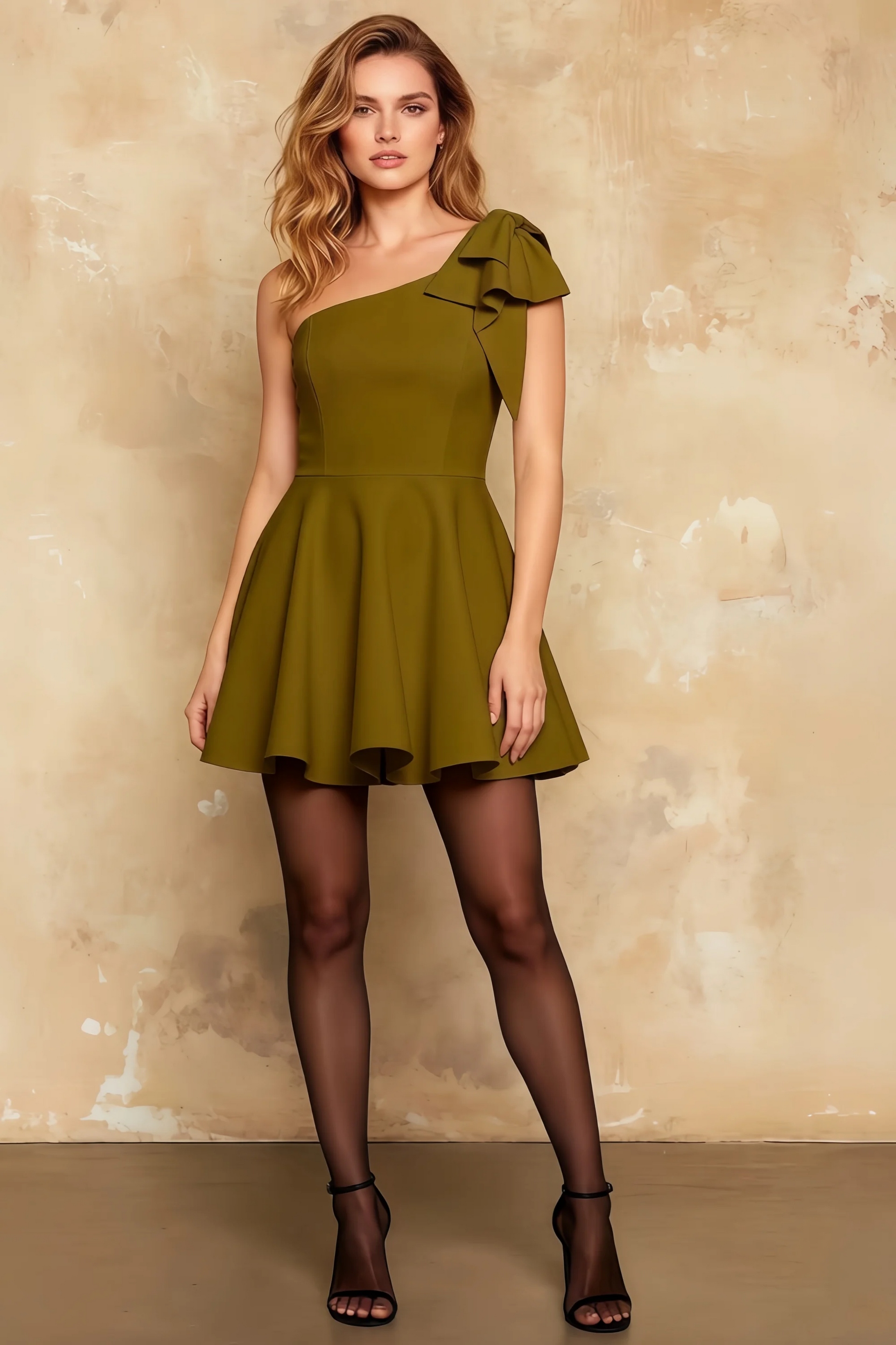 Minivestido skater Elizabeth Olive con un solo hombro y línea A