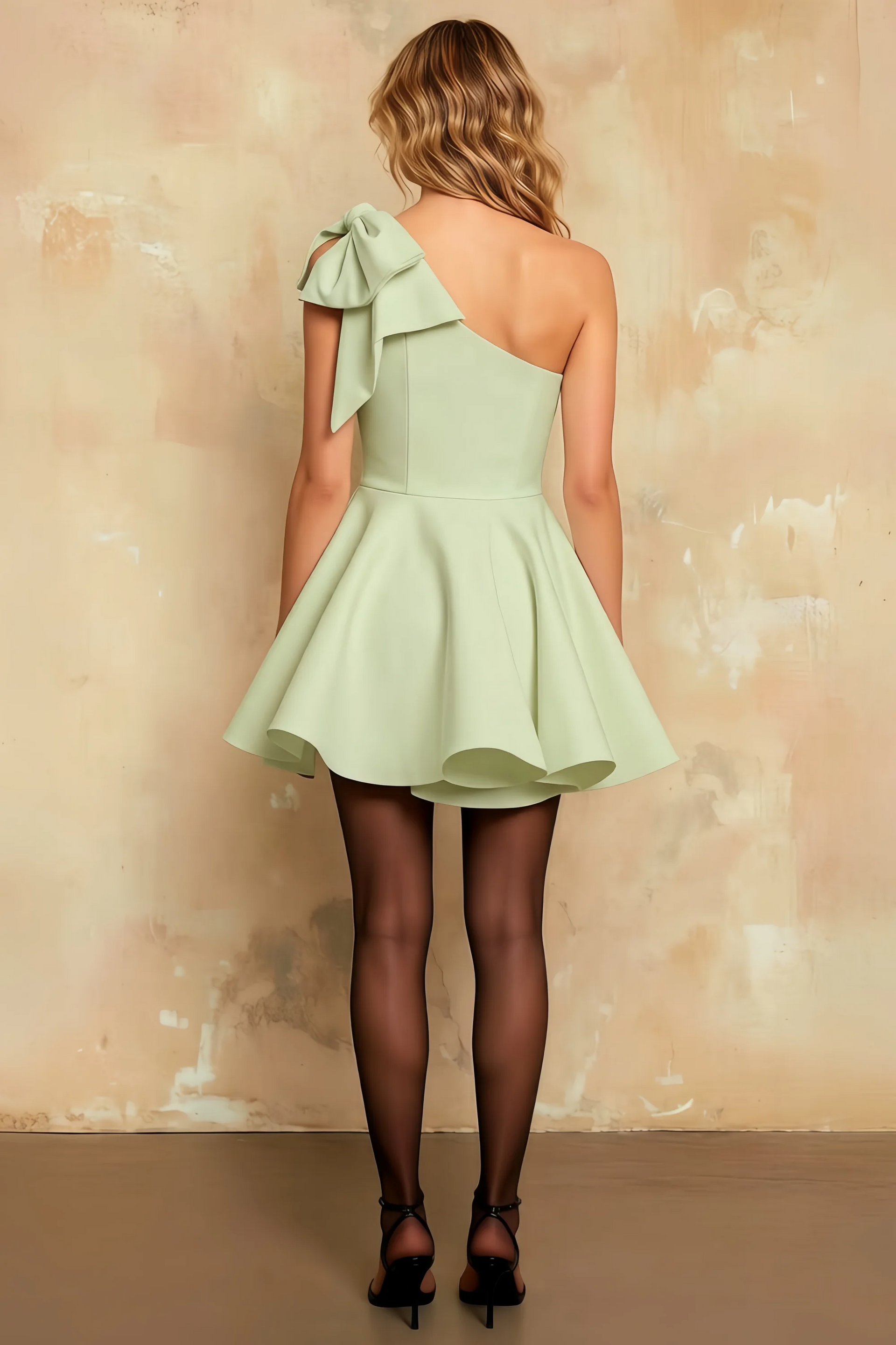Elizabeth Sage Green Open Back A Line Mini Dress | Asymmetric Bow Party Dress