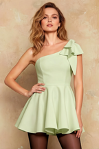 Elizabeth Sage Green Open Back A Line Mini Dress | Asymmetric Bow Party Dress