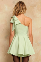 Elizabeth Sage Green Open Back A Line Mini Dress | Asymmetric Bow Party Dress