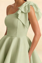 Elizabeth Sage Green Open Back A Line Mini Dress | Asymmetric Bow Party Dress