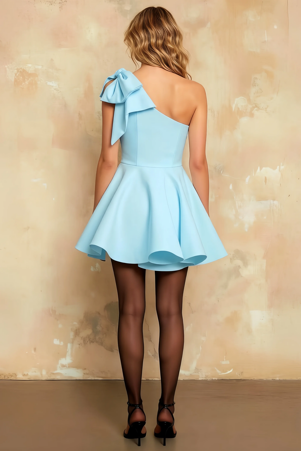 Elizabeth Sky Blue A Line Skater Mini Vestido de Patinadora de un Hombro