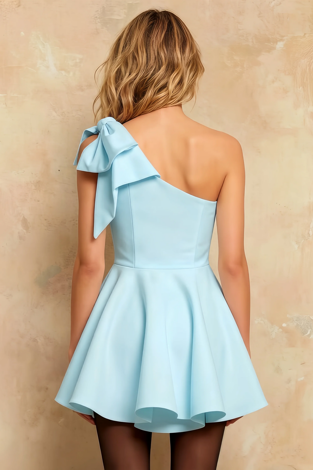 Elizabeth Sky Blue A Line Skater Mini Vestido de Patinadora de un Hombro
