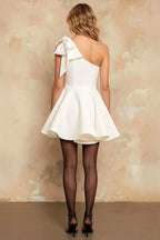 Elizabeth White One Shoulder Skater Mini Dress With Bow