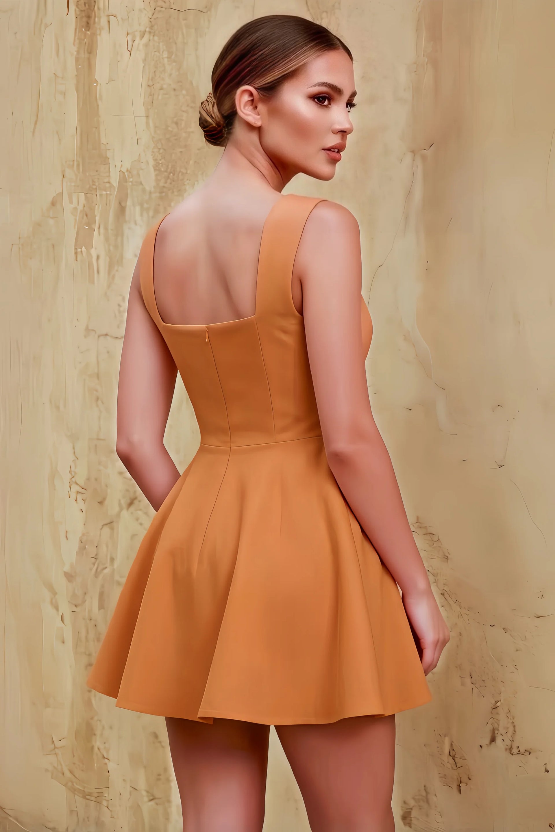 Ella Bronze A Line Skater Sweetheart Neckline Mini Dress
