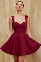 Ella Burgundy A Line Skater Sweetheart Neckline Mini Dress