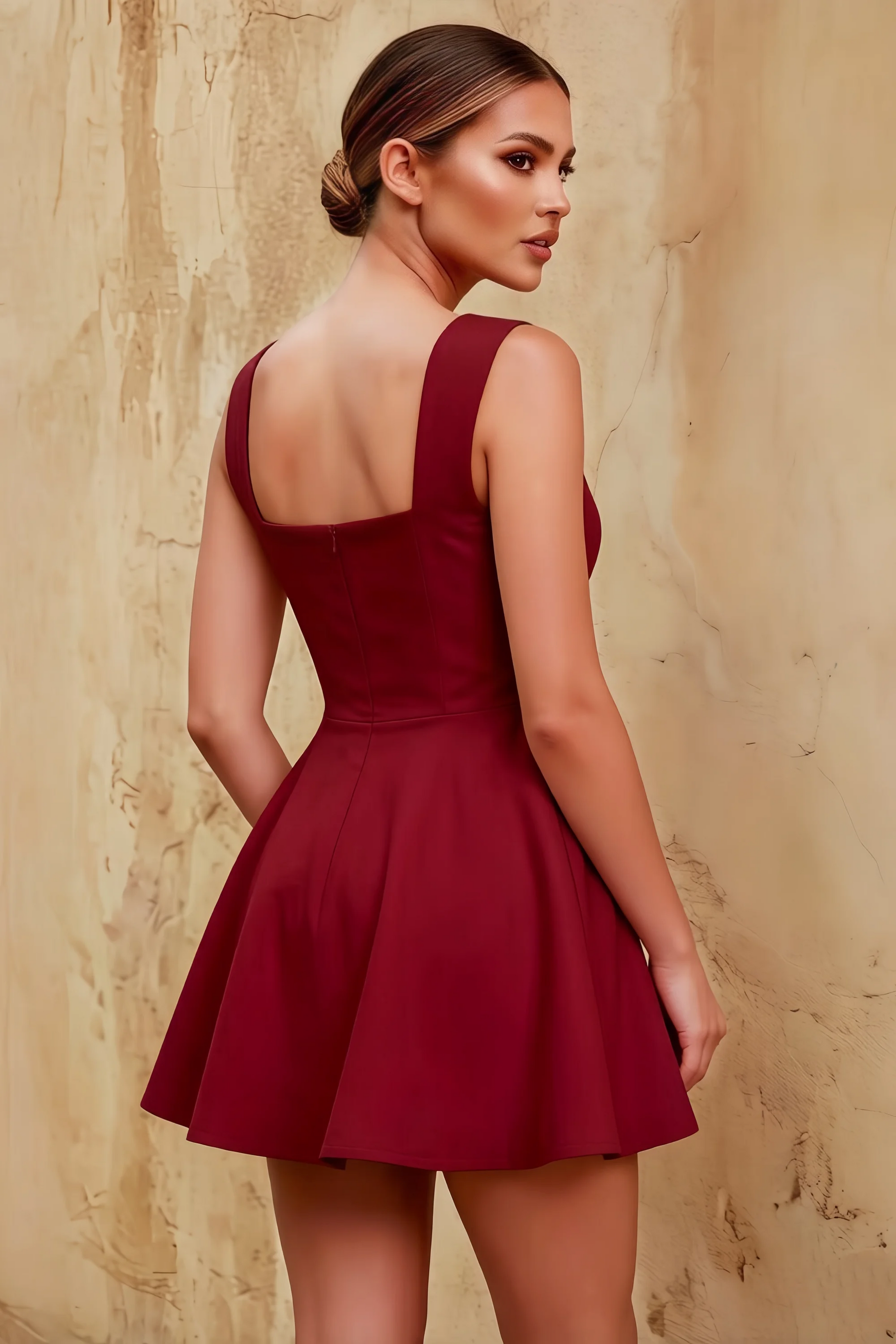 Ella Burgundy A Line Skater Sweetheart Neckline Mini Dress