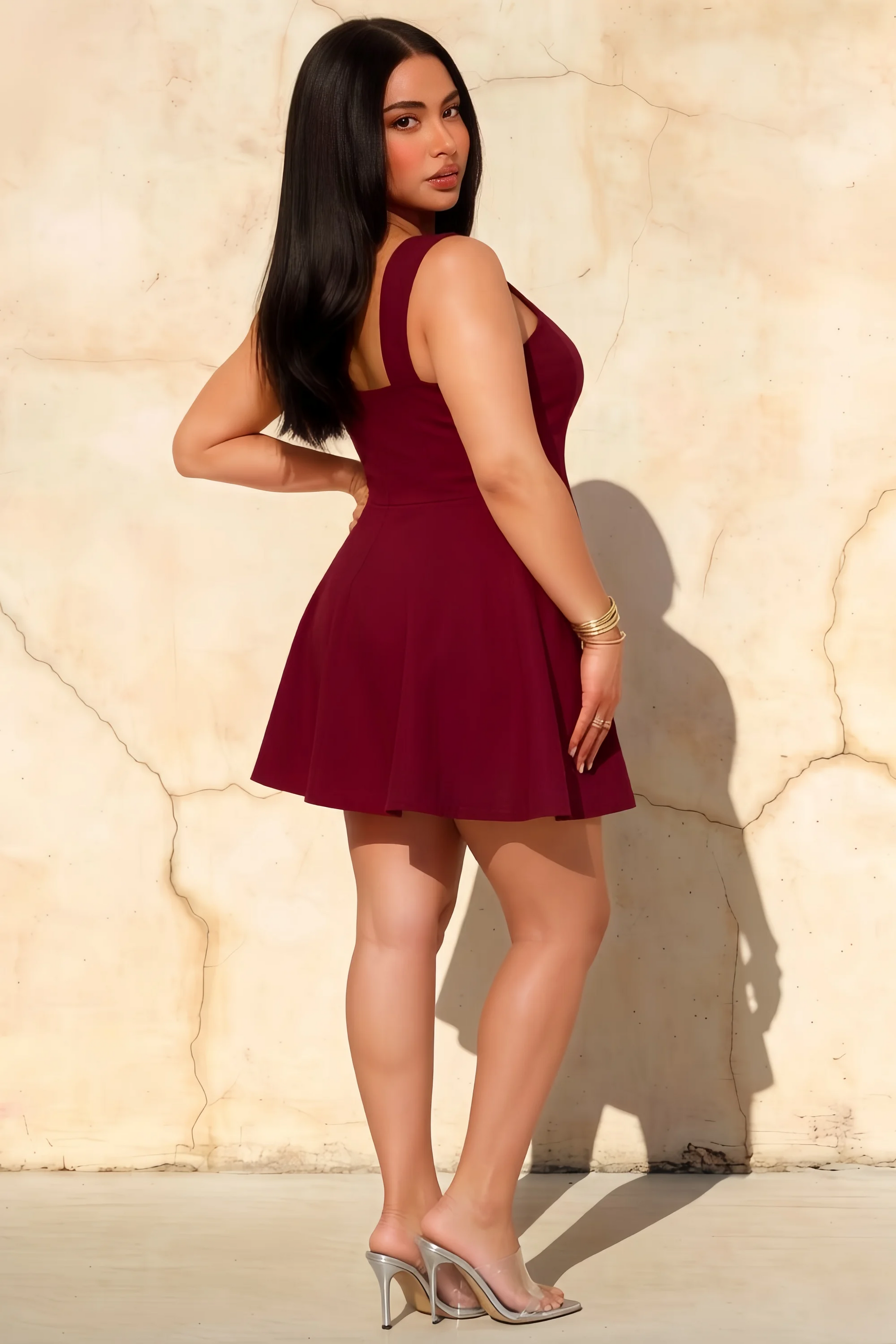 Ella Burgundy A Line Skater Sweetheart Neckline Mini Dress
