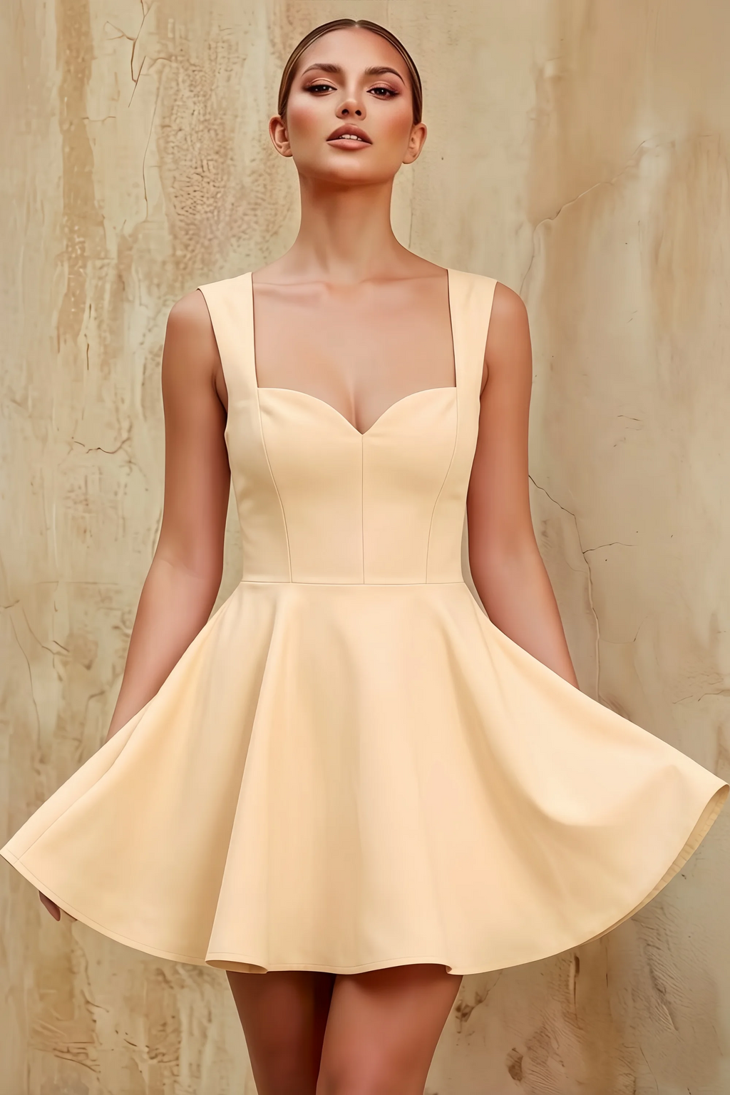 Ella Champagne A Line Skater Sweetheart Neckline Mini Dress