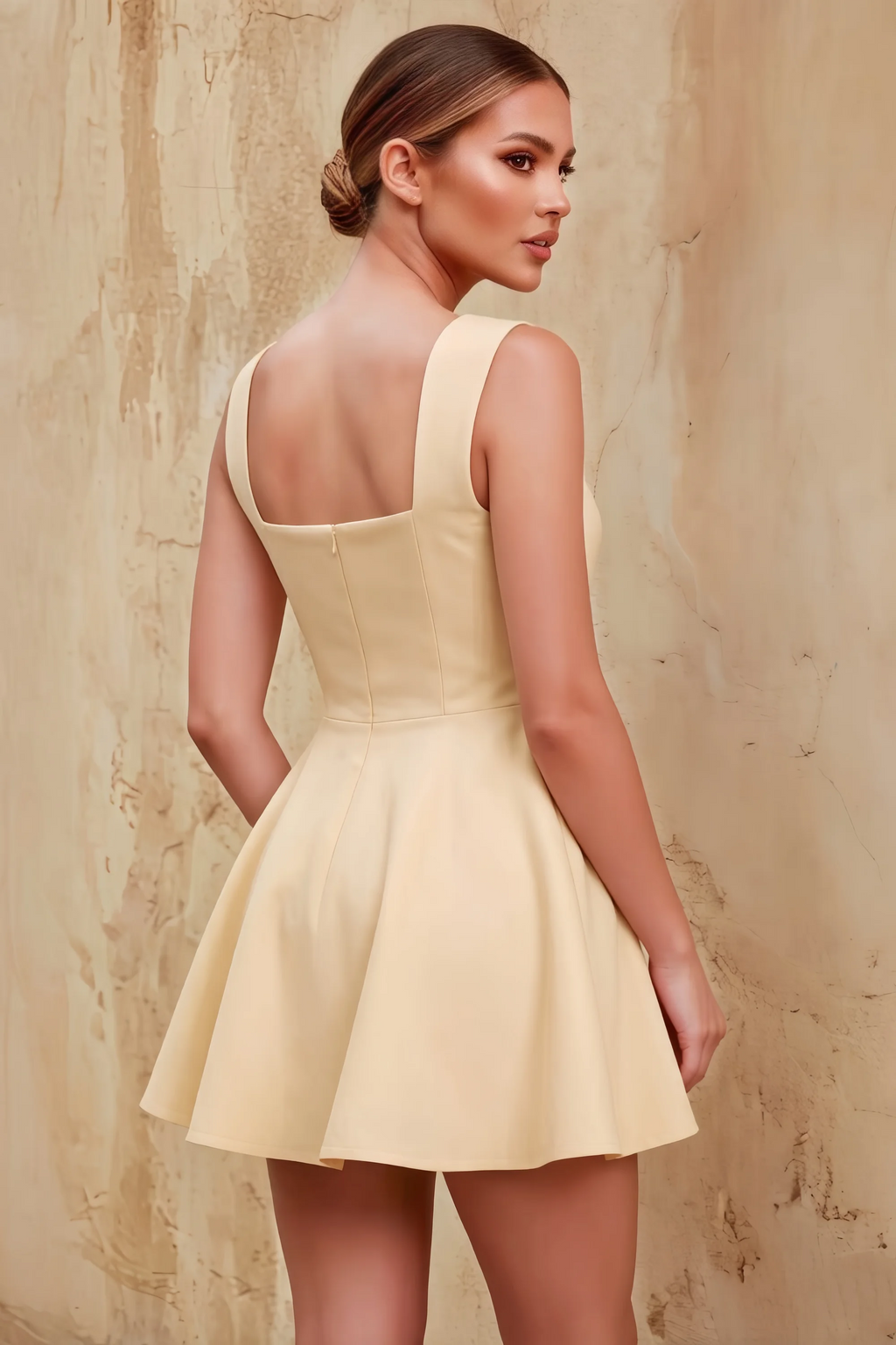 Ella Champagne A Line Skater Sweetheart Neckline Mini Dress