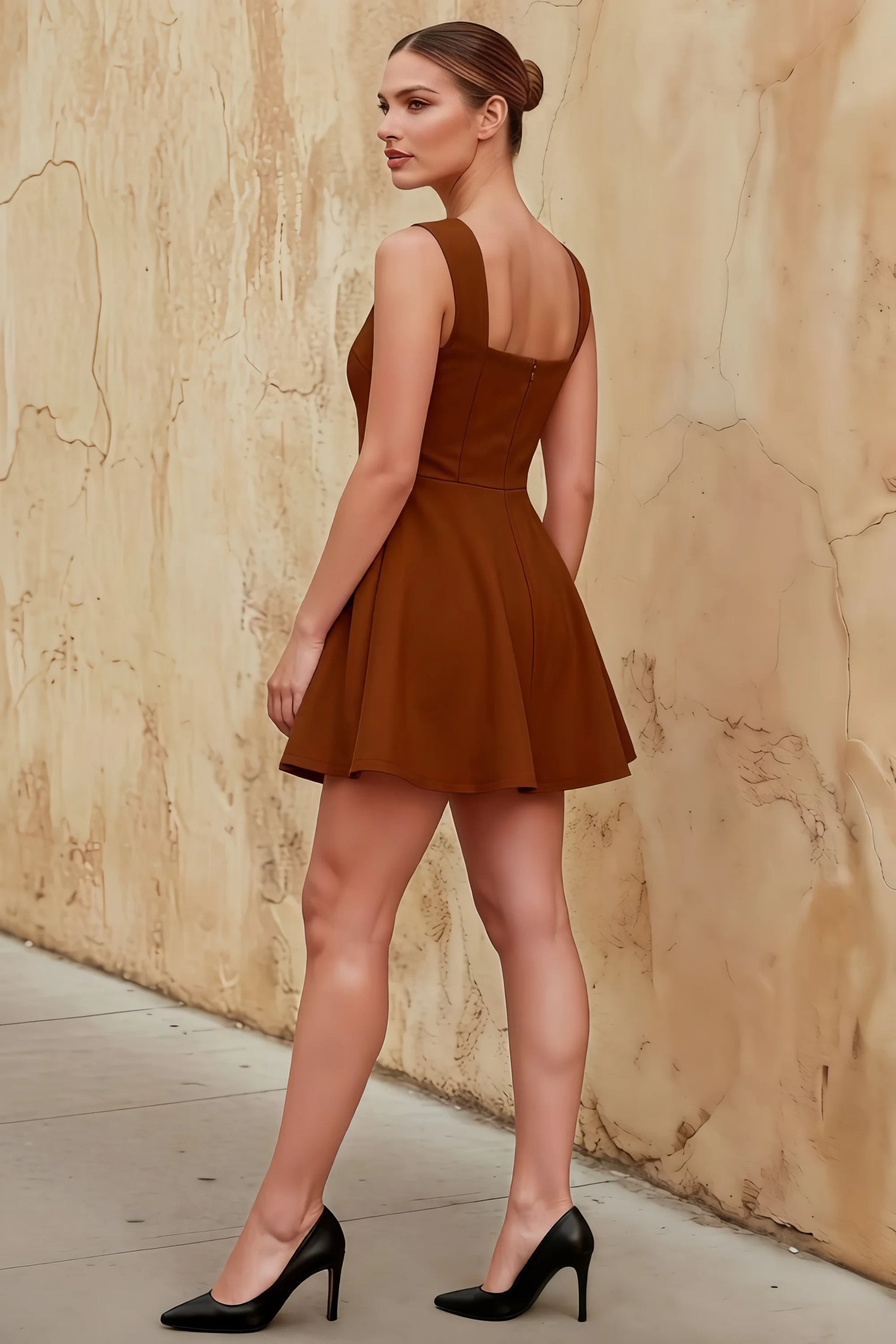 Ella Chocolate A Line Skater Sweetheart Neckline Mini Dress