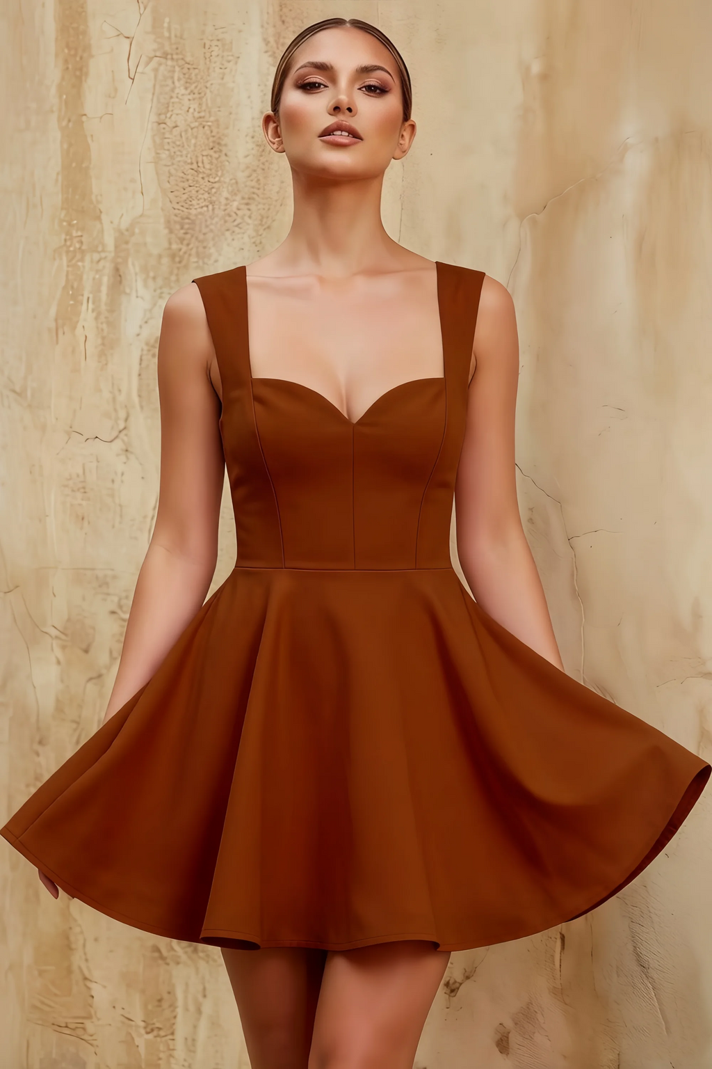 Ella Chocolate A Line Skater Sweetheart Neckline Mini Dress