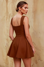 Ella Chocolate A Line Skater Sweetheart Neckline Mini Dress