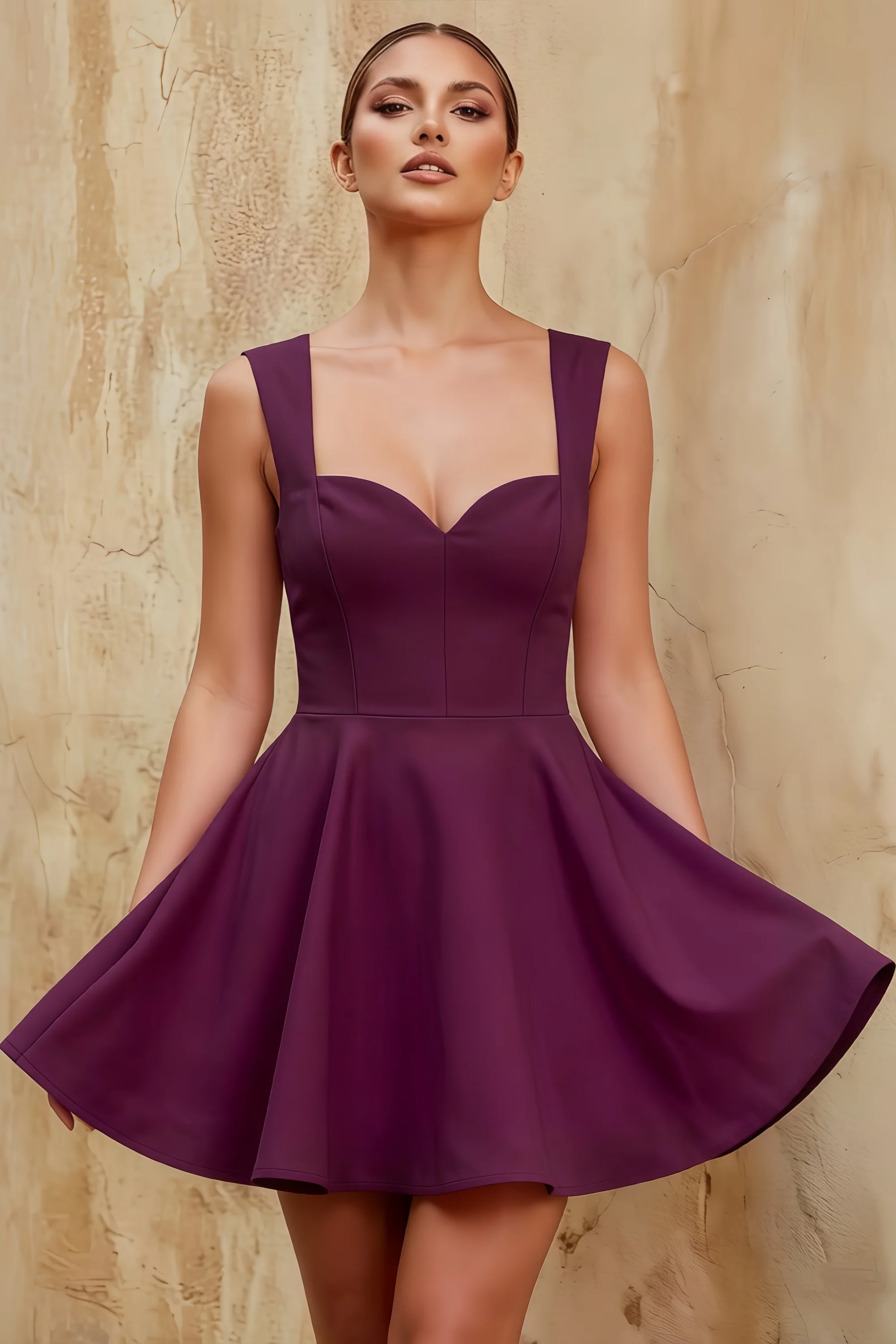 Ella Grape A Line Skater Sweetheart Neckline Mini Dress
