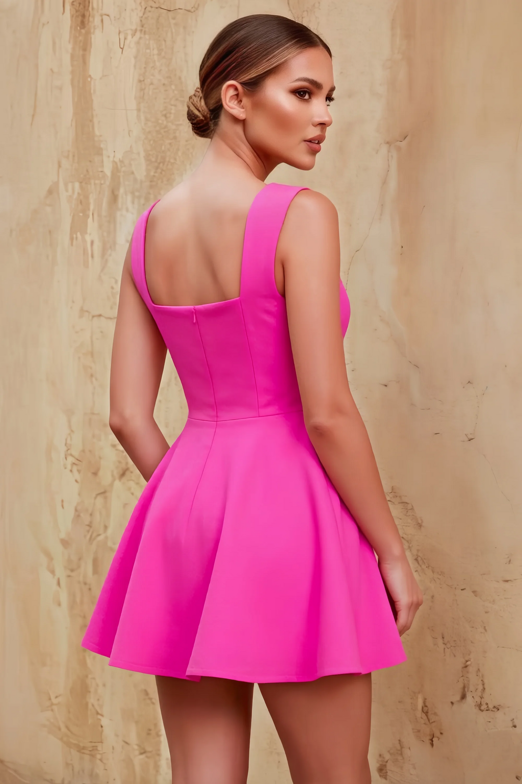 Ella Hot Pink A Line Skater Sweetheart Neckline Mini Dress