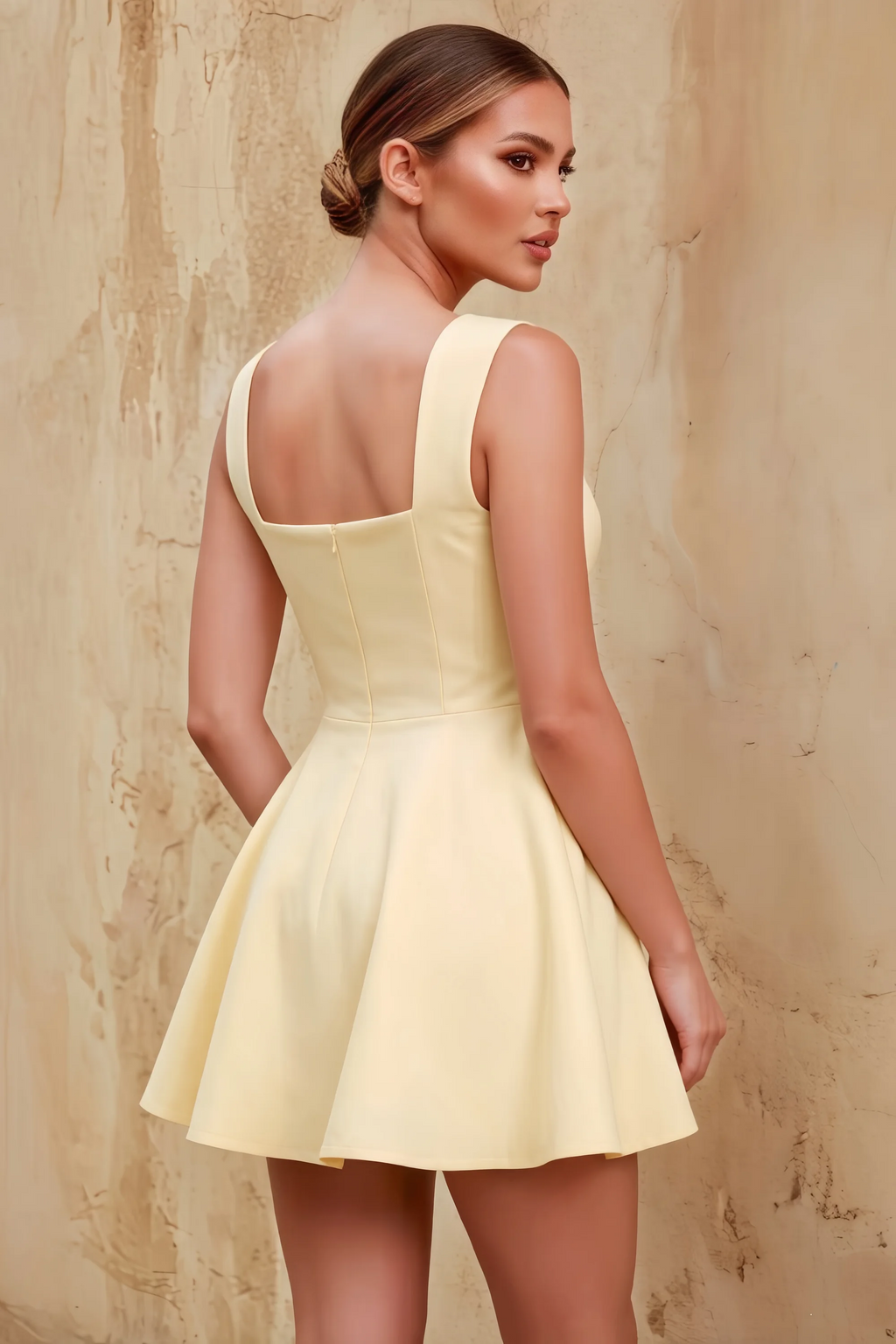 Ella Lemon A Line Skater Sweetheart Neckline Mini Dress