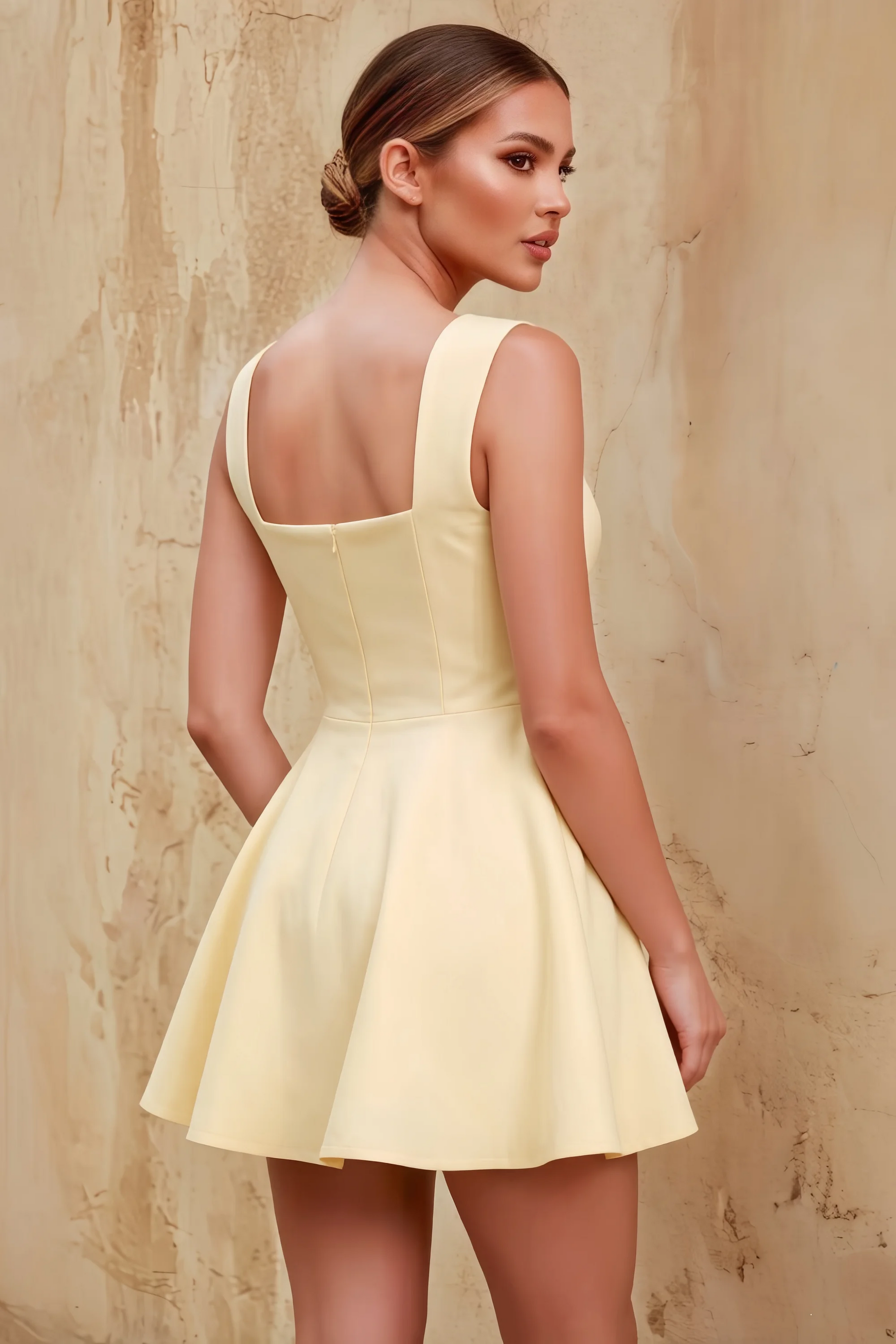 Ella Lemon A Line Skater Sweetheart Neckline Mini Dress
