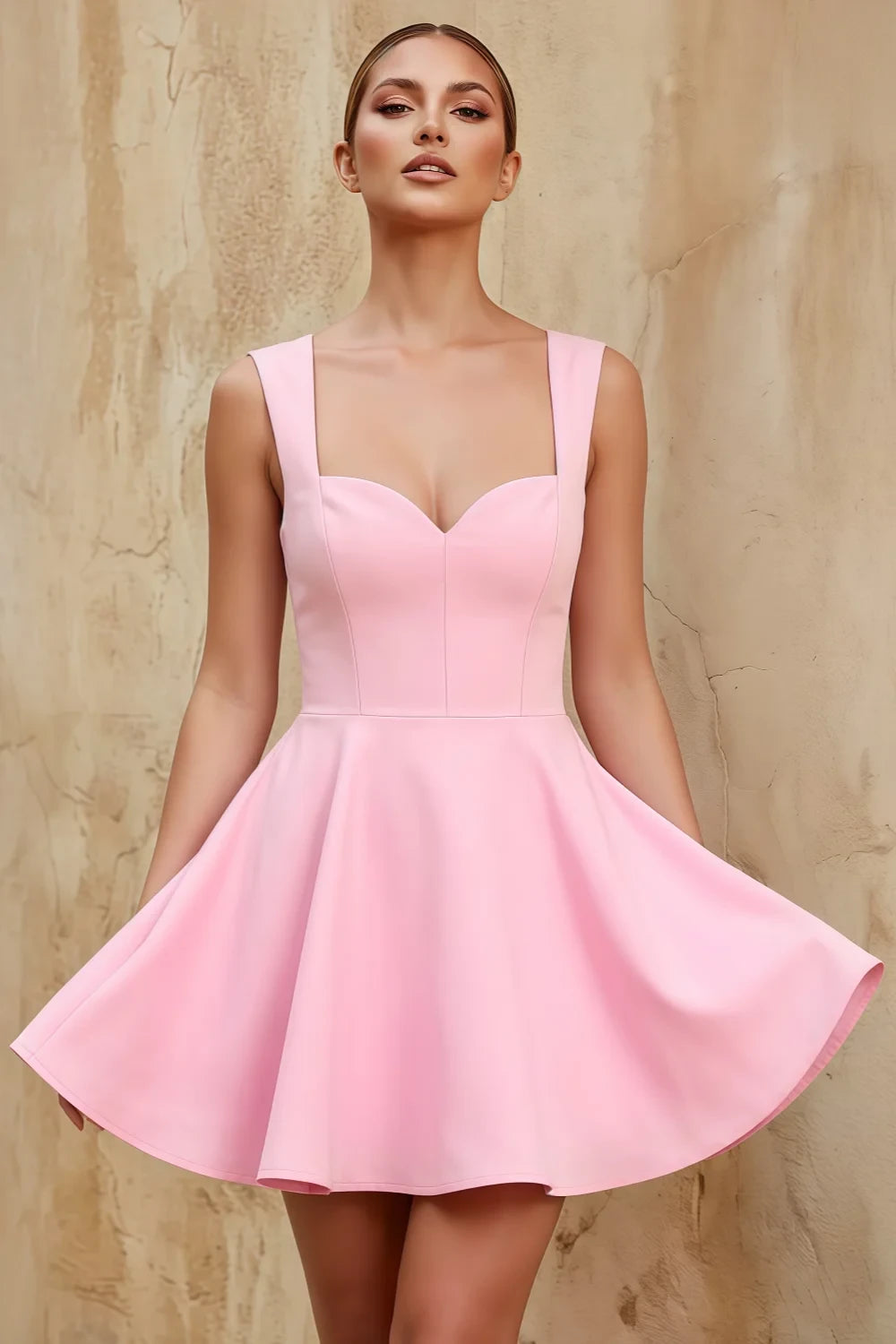 Ella Pink A Line Skater Sweetheart Neckline Mini Dress