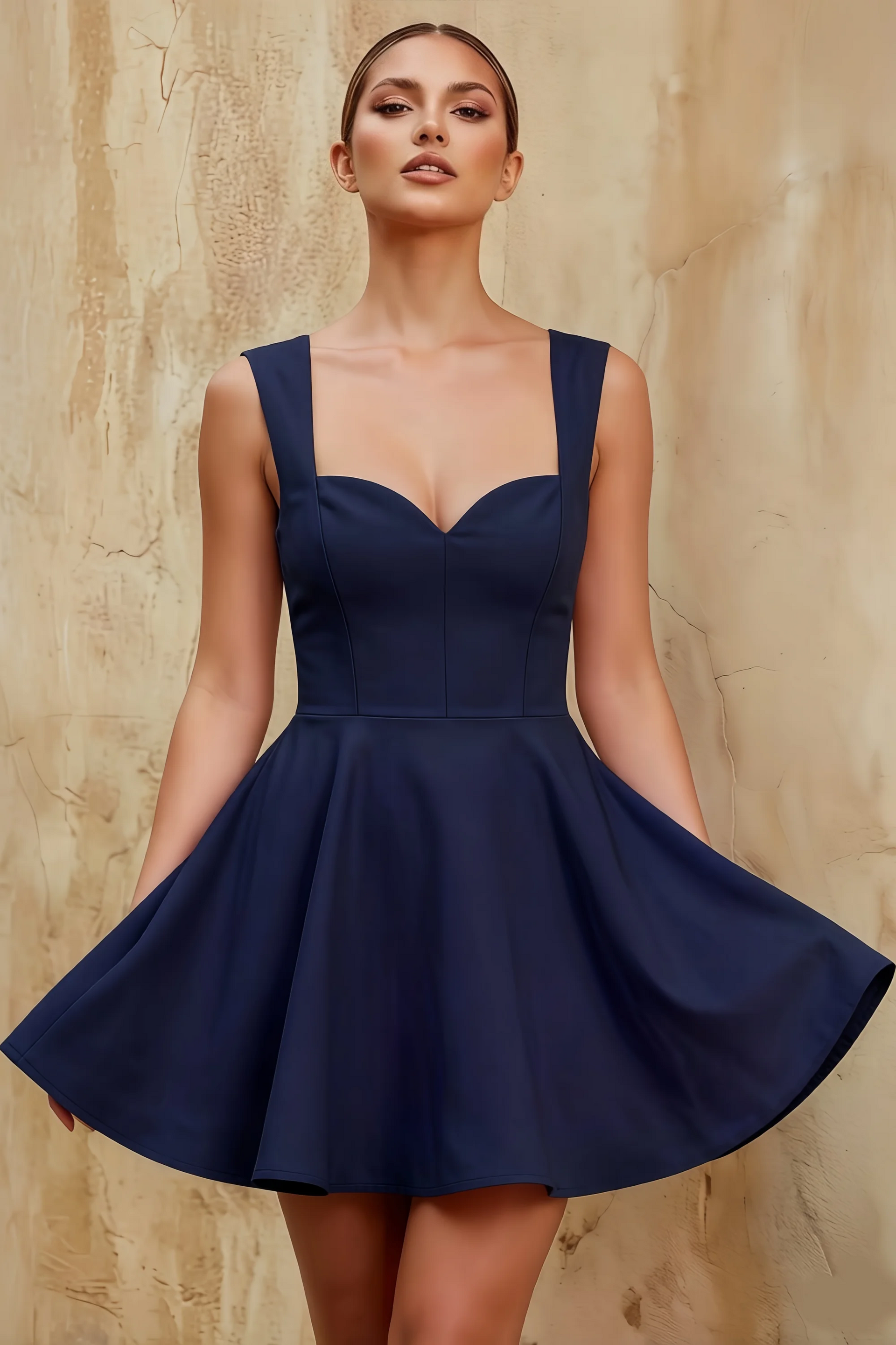 Ella Navy A Line Skater Sweetheart Neckline Mini Dress
