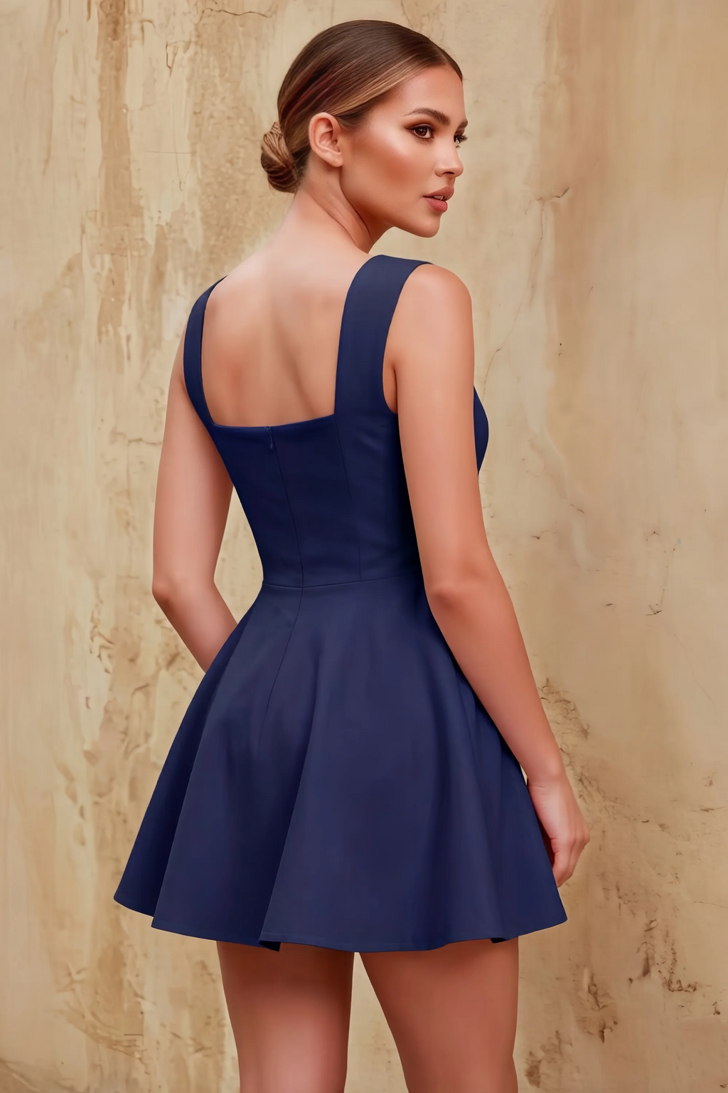 Ella Navy A Line Skater Sweetheart Neckline Mini Dress