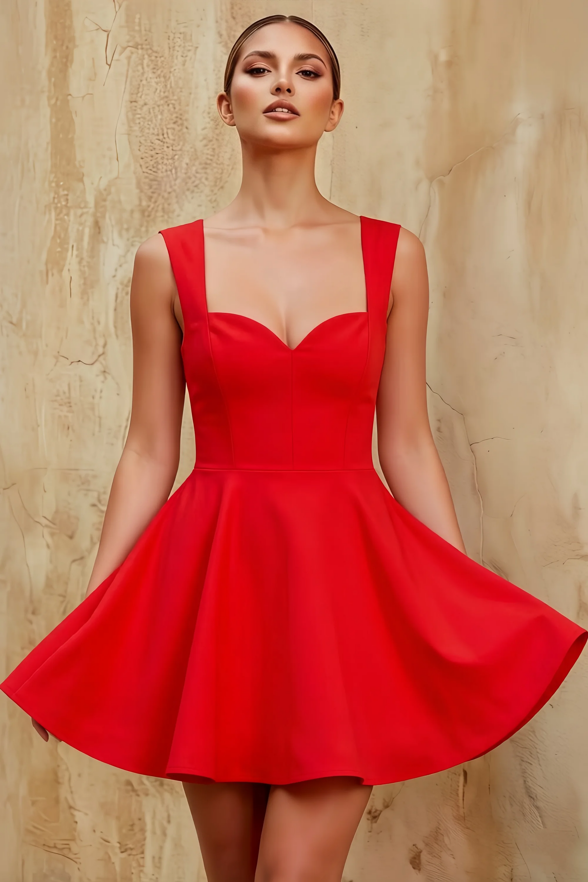 Ella Red A Line Skater Sweetheart Neckline Mini Dress