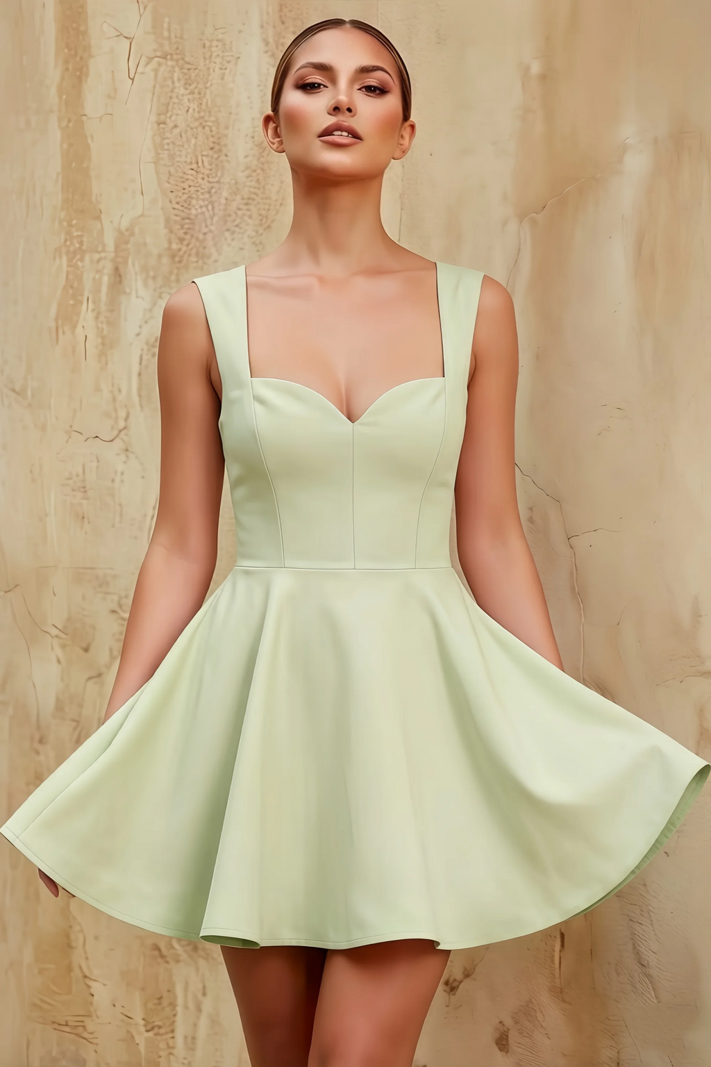 Ella Sage Green A Line Skater Sweetheart Neckline Mini Dress