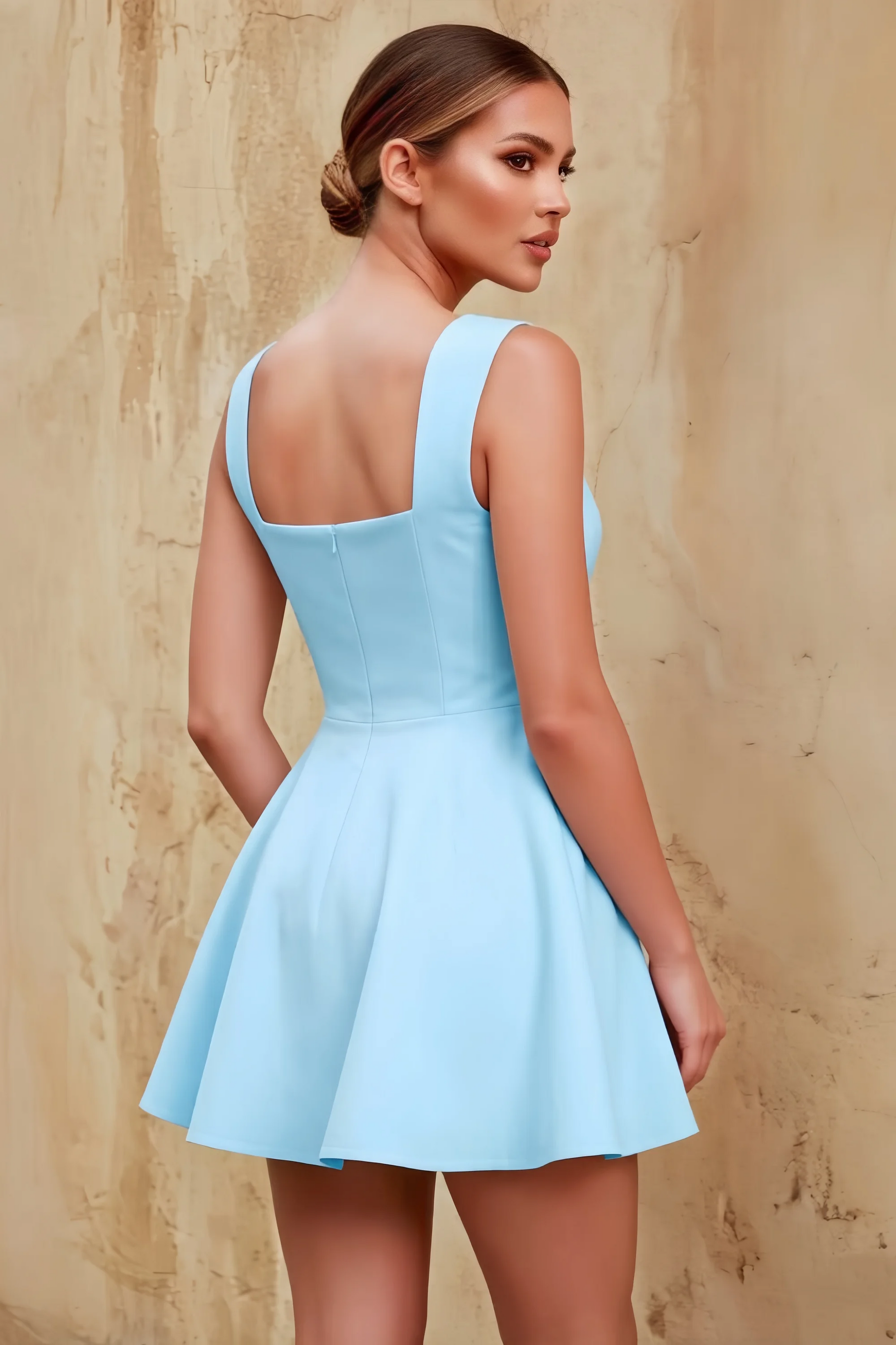 Ella Sky Blue A Line Skater Sweetheart Neckline Mini Dress
