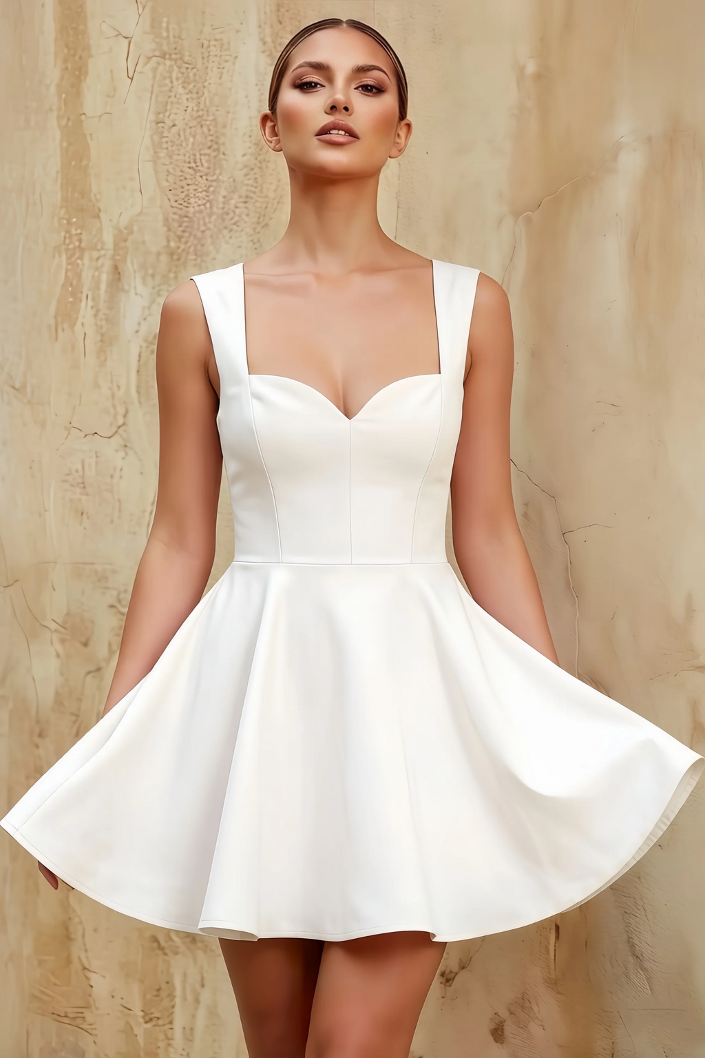 Ella White A Line Skater Sweetheart Neckline Mini Dress