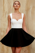 Ella White and Black A Line Skater Sweetheart Neckline Mini Dress